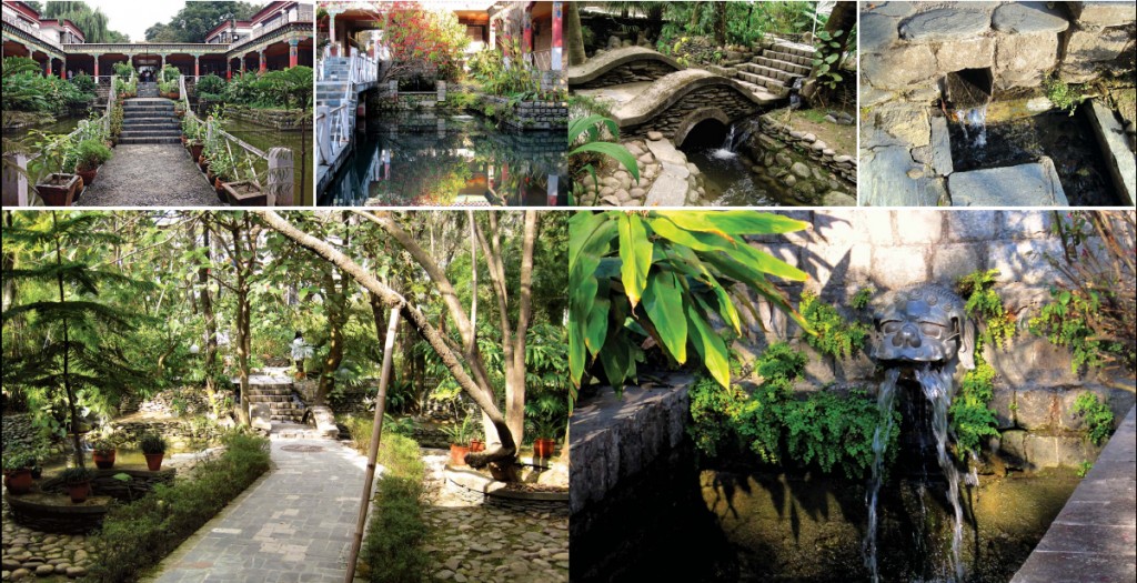From top left moving clockwise: The entrance lobby to the main temple (photo source: www.ghumakkar.com), The Koi fish pond, stone bridge over the stream, the water channel, pathways leading deeper into the campus and water spouts or gargoyles.